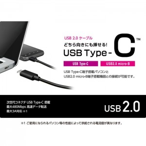 【即納】【代引不可】USB2.0ケーブル/C-microBタイプ/認証品/3A出力/1.0m/ブラック エレコム U2C-CMB10NBK