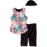 フィットネス水着 キャミソールタイプ M～Lサイズ 帽子付 コンパクトさらし 胸スッキリ 細魅せライン 水着 スイムウェア ヤシの葉柄 グローバルジャパン